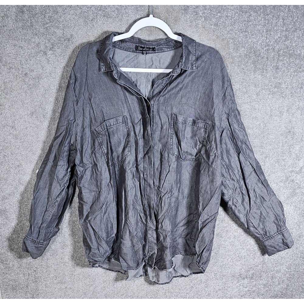New‎ Leaf Top Womens 2X Gray Tencel Button Up Roll Tab Sleeve Pockets Hem Slit